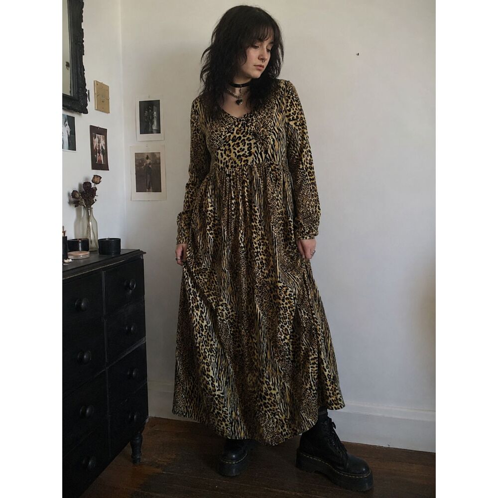 Vintage Y2K Whimsigoth Punk Goth Grunge Cheetah Leopard Animal Print Maxi Dress